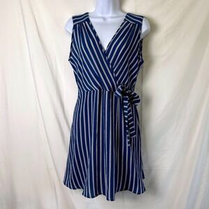 Monteau Womens Sleeveless Striped Wrap Dress Navy Blue Size M Nautical Preppy